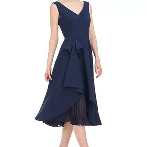 Kay Unger Navy Blue Midi Dress with V-Neck and Draped Overlay
